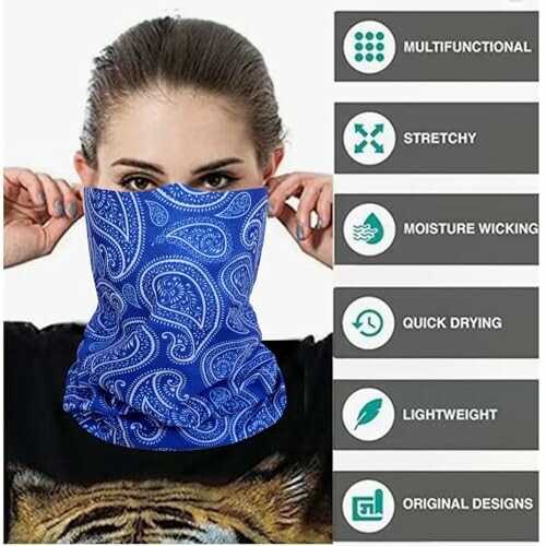 Woman wearing a blue paisley neck gaiter with features list: multifunctional, stretchy, moisture wicking, quick drying, lightweight, original designs.