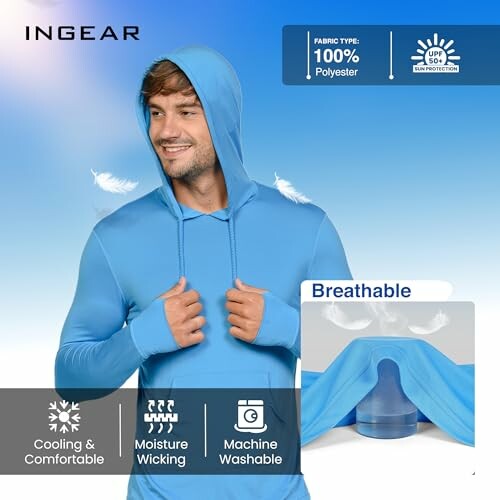 Man wearing a blue hoodie with sun protection and cooling features.