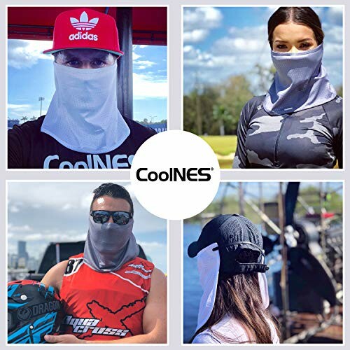 Collage of people wearing CoolNES face scarves outdoors