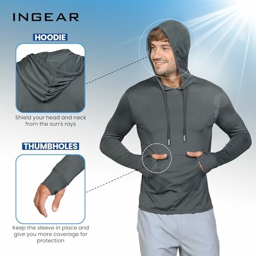 Man wearing a hoodie with thumbholes, highlighting sun protection features.