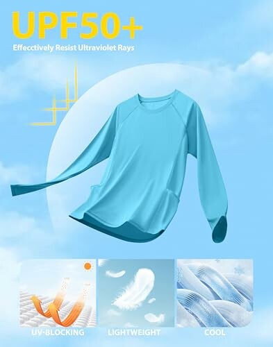 Blue UPF50+ shirt with UV-blocking, lightweight, and cool features.